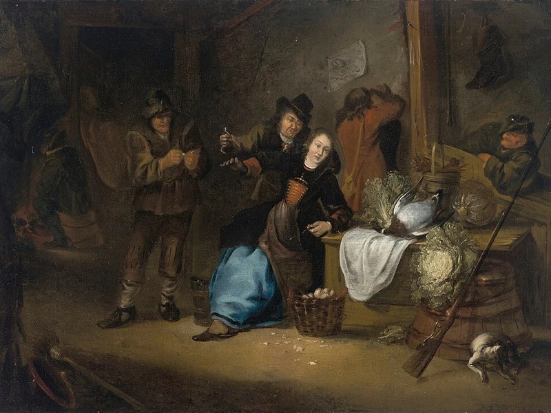 1622-Gerrit Lundens - Un interno rustico con una donna seduta e altre figure che si divertono